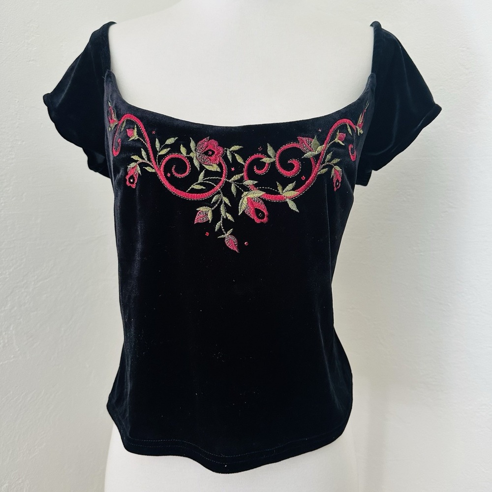 VTG Jessica Mcclintock Velvet Top Womens M Black Floral Embroidered Y2K Goth USA